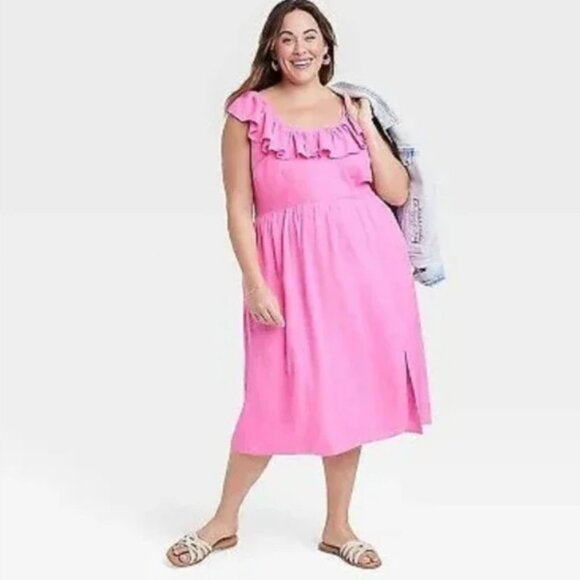 Ava & Viv Pink Ruffle Neck Empire Waist Linen Rayon Midi Dress NWT 2X - Picture 3 of 3